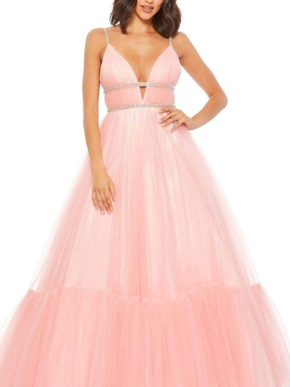 Mac Duggal Pink Tulle Maxi Gown with Rhinestone Trim